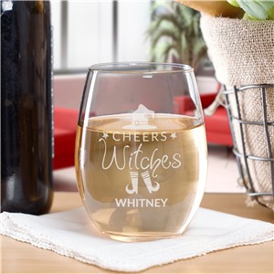Engraved Cheers Witches Stemless Wine Glass