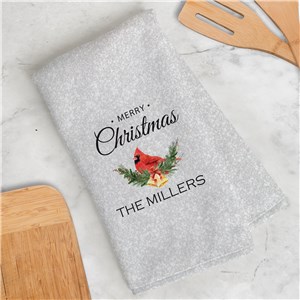Personalized Merry Christmas Cardinal Dish Towel