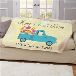 Personalized Teal Spring Truck with Flowers Sherpa Blanket