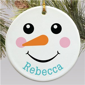 Personalized Snowman with Regular Smile and Name Round Ornament