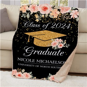 Personalized Gold Glitter Cap with Flowers Sherpa Throw