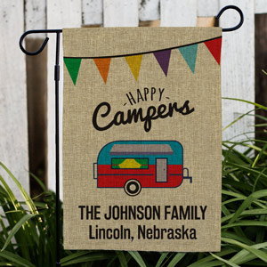Personalized Happy Campers Burlap Garden Flag