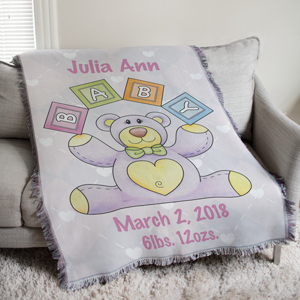 Personalized Baby Girl Teddy Bear Tapestry Throw
