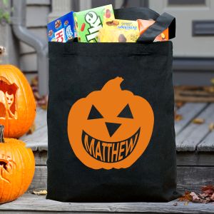 Happy Pumpkin Personalized Black Canvas Trick or Treat Tote Bag