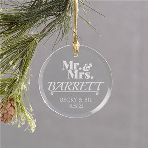 Engraved Mr & Mrs Round Glass Ornament