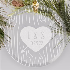 Engraved Initials Heart Carved Tree Round Glass Ornament