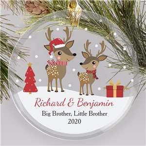 Personalized Reindeer Siblings Round Glass Ornament
