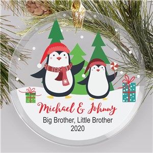 Personalized Penguin Siblings Round Glass Ornament