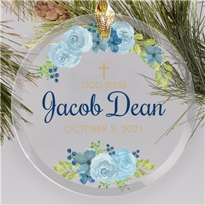 Personalized God Bless Floral Glass Round Ornament