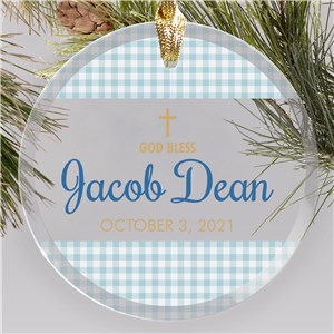 Personalized Gingham Baptism Glass Round Ornament