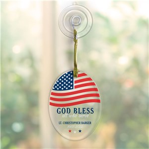 Personalized Patriotic Flag God Bless All Who Serve Oval Glass Ornament