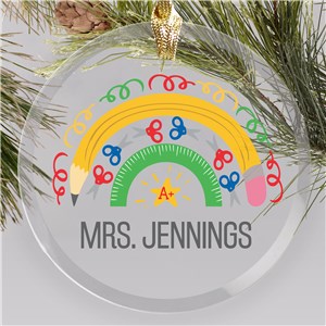 Personalized Teacher Pencil Rainbow Round Glass Ornament