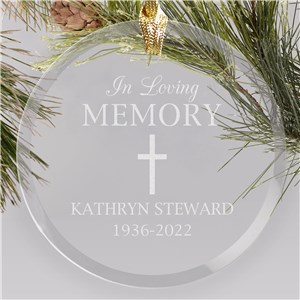 Engraved In Loving Memory with Cross Round Glass Ornament