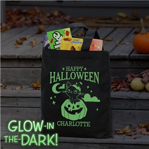 Personalized Glow in The Dark Happy Halloween Cat in Pumpkin Tote Bag