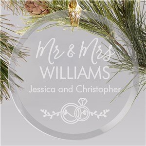 Engraved Mr and Mrs with rings and vines Round Glass Ornament
