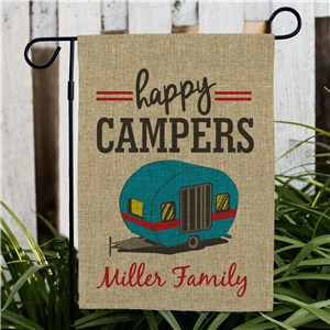 Personalized Happy Camper Family Burlap Garden Flag