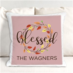 Personalized Blessed Wreath With Leaves Throw Pillow