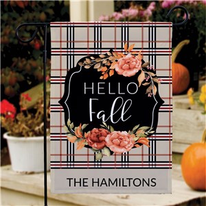 Personalized Hello Fall with Tan, Burgundy and Black Plaid Garden Flag