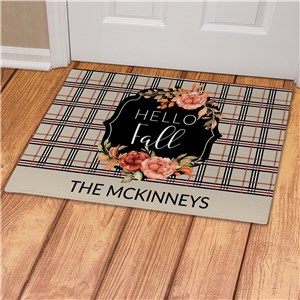 Personalized Hello Fall with Tan, Burgundy and Black Plaid Doormat