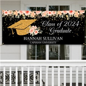 Personalized Gold Glitter Cap with Flowers Banner