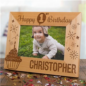 Personalized Happy 1st Birthday Balloon, Confetti and Cupcake Wood Picture Frame