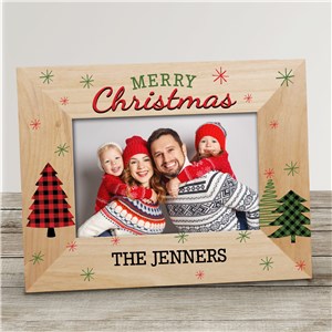 Personalized Merry Christmas with Plaid Trees Wood Picture Frame