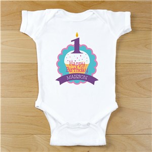 Personalized 1 Candle Birthday Cupcake Baby Bodysuit