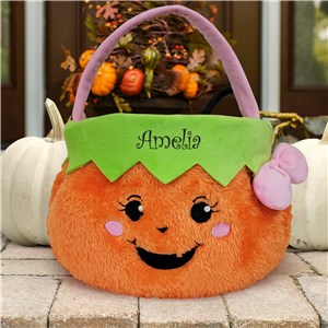 Embroidered Girl Fuzzy Pumpkin Trick or Treat Basket
