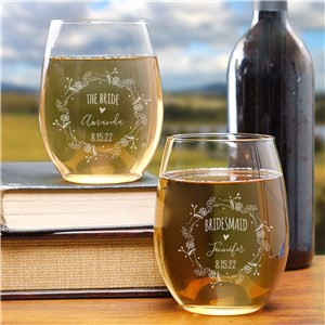 Bridal Party Floral Wreath Stemless Wine Glass