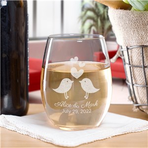 Personalized Love Birds Stemless Wine Glass