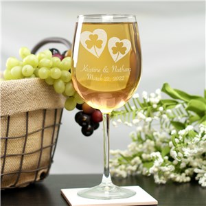 Personalized Shamrock Hearts Wine Glass