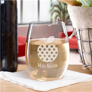 Engraved Apple Plaid Stemless Wine Glass