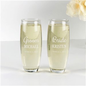 Engraved Bride and Groom with Name and Date Stemless Flute Set