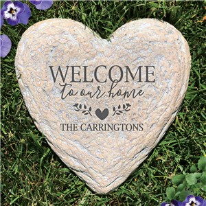 Engraved Welcome to our Home with leaves and family name Heart Garden Stone