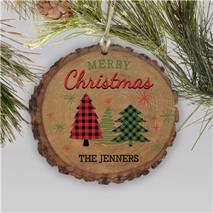 Personalized Merry Christmas with Plaid Trees Wood Ornament