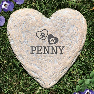Engraved 2 hearts with paw prints and name Large Heart Shaped Garden Stone