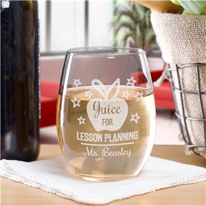 Engraved Apple with stars Stemless Wine Glass