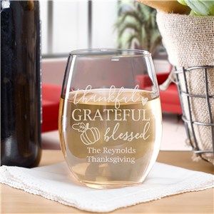 Engraved Thankful Grateful Blessed Wine Glass