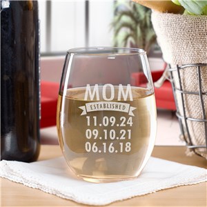 Engraved Mom Established Stemless Wine Glass