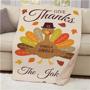 Personalized Give Thanks Turkey With Hat 50x60 Sherpa Blanket