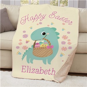 Personalized Happy Easter Dinosaur Holding Basket Sherpa Blanket