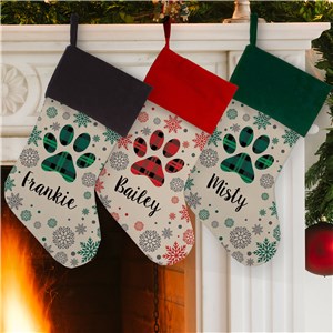 Personalized Plaid Paw with Snowflakes Stocking