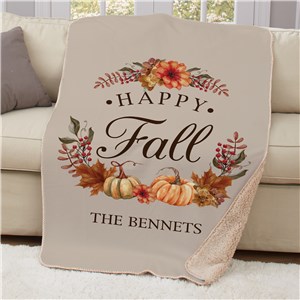 Personalized Happy Fall With Leaves and Pumpkins Sherpa Blanket