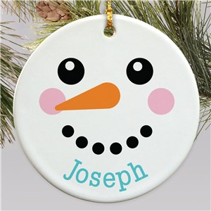 Personalized Snowman Face with Dotted Smile and Name Round Ornament