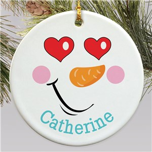 Personalized Heart Eyes Snowman Round Ornament