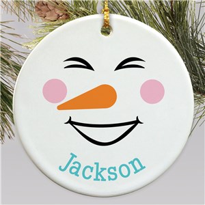 Personalized Squinty Laugh Snowman Round Ornament