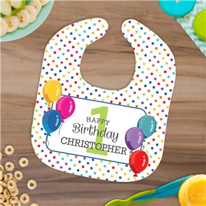 Personalized Birthday Balloons & Dots Baby Bib