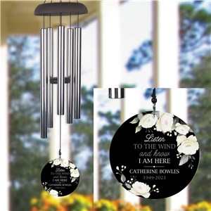 Personalized Black Background with White Flowers Wind Chime