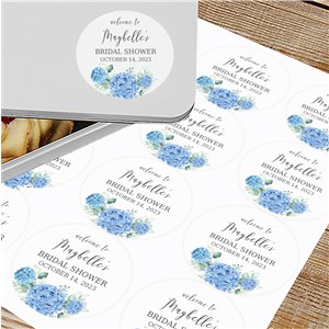 Personalized Blue Hydrangeas Bridal Shower Circle Labels