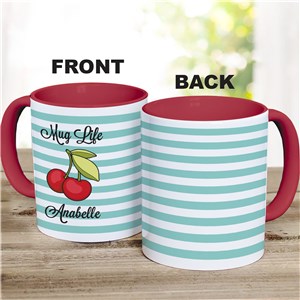 Personalized Stripes and Cherries Red Handle Coffee Mug